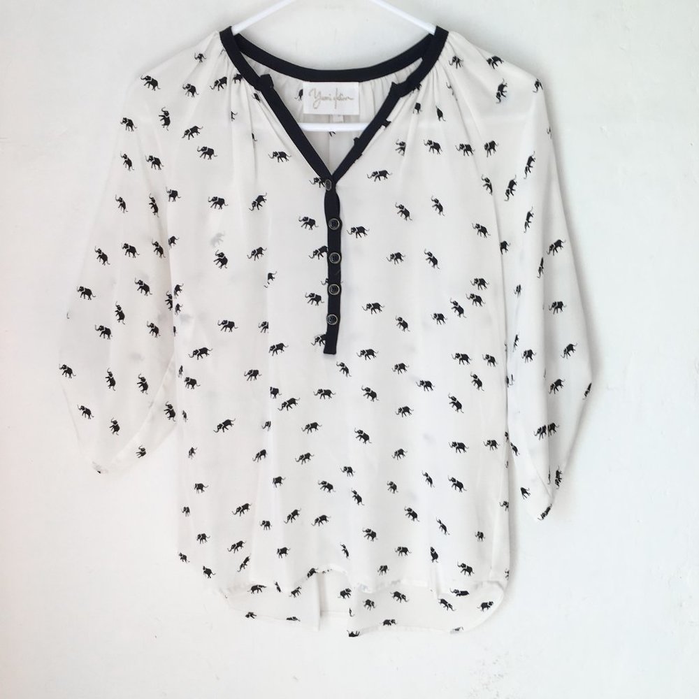 Yumi Kim Elephant Printed White and Black Blouse- 100% Silk